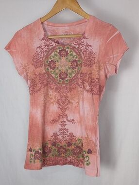 SELF ESTEEM Women's Coral Rose Floral Medallion Burnout Tee
